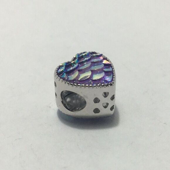 Sterling Silver Charm Heart Bead Iridescent Multicolor Mermaid Fish Scales - Picture 10 of 13